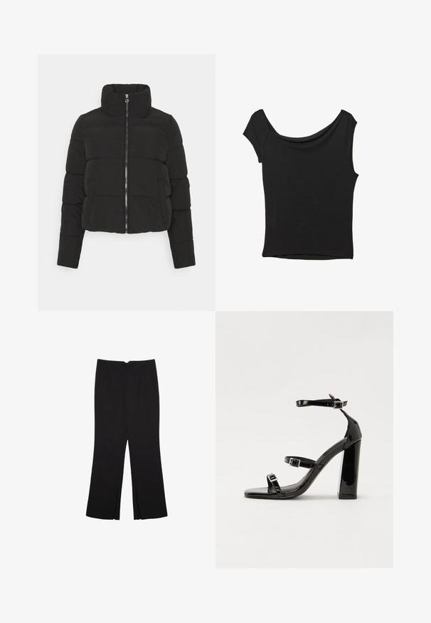Čierna skrátená puffová bunda s vysokým golierom, predným zipsom a prešitými panelmi pre textúru. Má hladkú, matnú látku a bočné vrecká.; Čierny krátky rukáv top vyrobený z hladkej tkaniny; má prehnutý výstrih a asymetrický lem, s priliehavým telom.; Čierne nohavice so strihom rovného strihu, s prednými vreckami a bočnými rozparkami na leme. Vyrobené z mäkkej, hladkej tkaniny. Vhodné na rôzne príležitosti.; Čierne lakované sandále na podpätku so štvorcovou špičkou, navlečenými remienkami okolo členku a striebornými prackami. Disponujú masívnym blokovým podpätkom pre stabilitu.