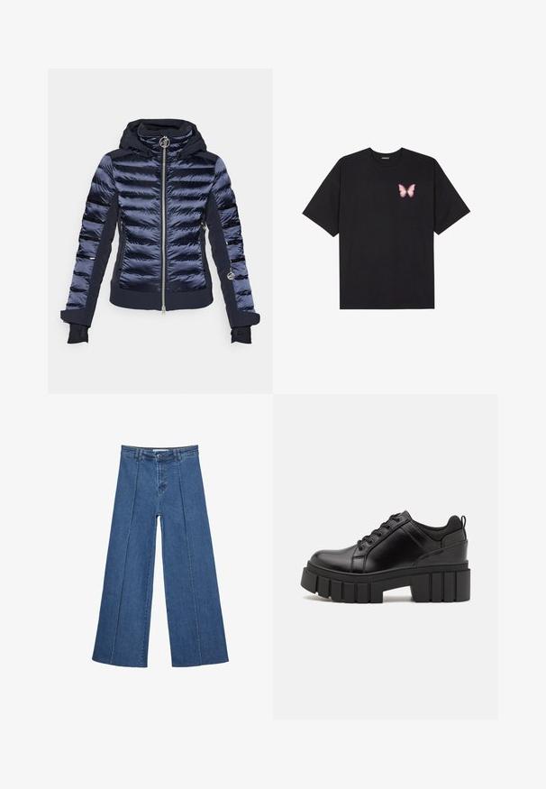 Merinaväri puffertakki, jossa on vetoketjukiinnitys edessä, huppu, tikattuja pintoja ja joustavat hihansuut. Takissa on myös sileät kangaspinnat ja logotunnus.; Musta puuvillapaita lyhyillä hihoilla, jossa on pieni vaaleanpunainen perhosgrafiikka vasemmassa rinnassa. Pyöreä kaula-aukko ja rento istuvuus.; Korkeat vyötäröiset, keskisiniset, leveiden lahkeiden denim-farkut, joissa on nappikiinnitys ja kontrastiväriset pystysaumadetaileja edessä.; Mustat nahkakengät, joissa on lättihenkinen korko, pyöreä kärki ja perinteinen nauhakiinnitys. Ominaisuuksiin kuuluu sileä pintakuvio ja minimaalinen yksityiskohtaisuus.