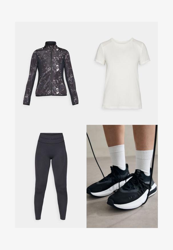 Jachetă sport neagră și gri cu un model marmorat, guler înalt, închidere cu fermoar și panouri laterale negre contrastante. Are buzunare cu fermoar.; Tricou alb cu mânecă scurtă, confecționat dintr-un material moale, având un guler rotund și o croială lejeră, cu accente pentru umeri netede și fără cusături.; Colanți negri cu un tiv elastic înalt, având inscripția "UNDER ARMOUR". Textură netedă cu accente subtile de model pe lungimea picioarelor.; Căști atletice negre cu țesătură texturată, talpă albă și șireturi negre. Purtați cu șosete albe cu riflaje, stând pe o suprafață deschisă.