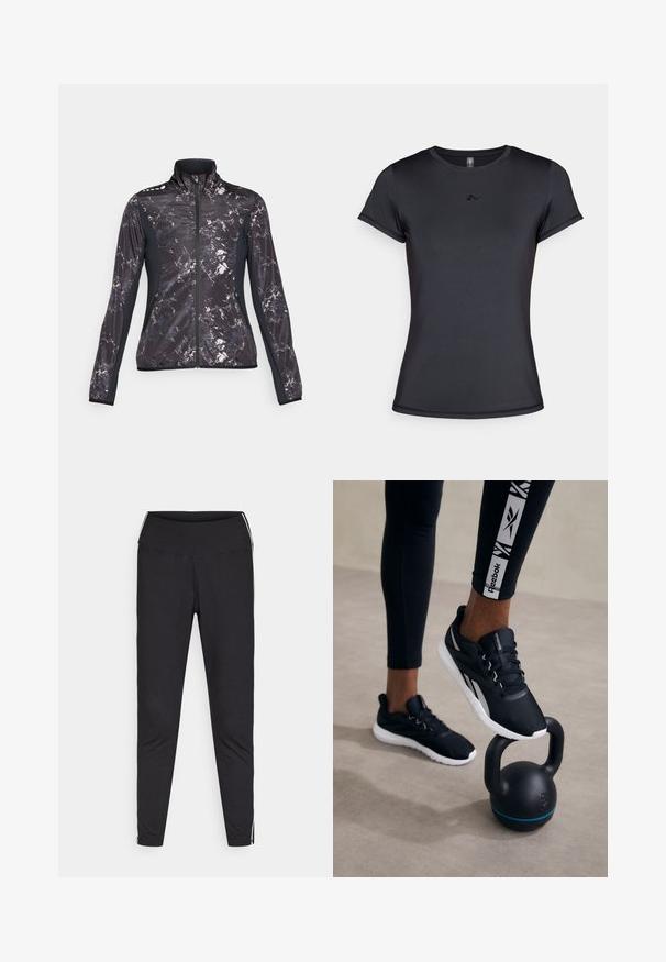 Black and gray athletic jacket with a marbled pattern, high collar, zip closure, and contrasting black side panels. Features zipper pockets.; Black short-sleeve t-shirt made of smooth, breathable fabric featuring a minimal logo design on the front. Classic crew neckline.; Black leggings made of stretchy fabric. High waistband, tapered fit, features white side stripes along the outer seams. Smooth texture.; Black athletic shoes with a textured upper, white sole, and gray accents, positioned on a black kettlebell with a blue stripe, against a neutral background.