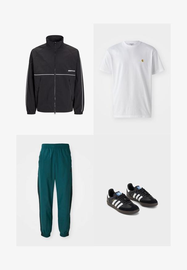 Chaqueta ligera negra con un cuello alto, cremallera delantera y rayas blancas en los hombros y el pecho. Puños elásticos. Logotipo en el pecho.; Camiseta de algodón blanca con mangas cortas, cuello redondo, que presenta un pequeño logo dorado en la parte izquierda del pecho. Textura suave y corte regular.; Pantalones deportivos en color verde azulado con cintura ajustable por cordón, puños elásticos y rayas negras en los lados. Fabricados con un tejido ligero, presentan un logo cerca de la cadera.; Zapatillas negras con un upper de ante y sintético, con tres rayas blancas, suela de goma texturizada y etiqueta de logo azul en la lengüeta.