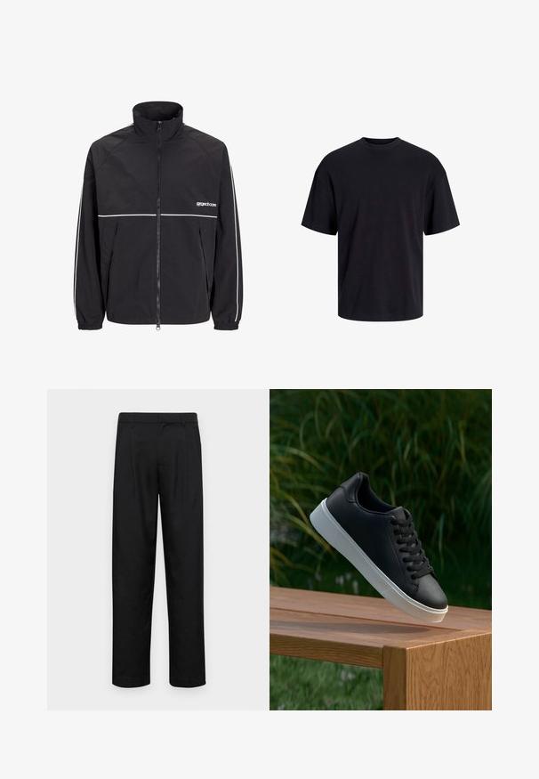 Giacca leggera nera con colletto alto, zip frontale e strisce bianche di accento sulle spalle e sul petto. Polsini elastici. Logo sul petto.; T-shirt in cotone nero con collo rotondo, maniche corte e vestibilità morbida. Texture liscia senza pattern o dettagli visibili.; Pantaloni neri realizzati in tessuto liscio, caratterizzati da un taglio dritto, due pieghe frontali e una vita standard con passanti per la cintura.; Sneaker in pelle nera con una texture liscia, suola in gomma bianca e sei grommet per i lacci, posizionata su una superficie di legno.