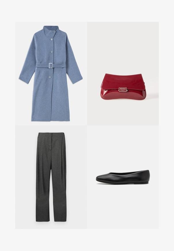 Langer hellblauer Wollmantel mit Stehkragen, langen Ärmeln, Knöpfen vorne und passendem Gürtel mit rechteckiger Schnalle.; Weißes Langarmhemd mit Stehkragen und verdeckter Knopfleiste, auf weißem Hintergrund präsentiert.; Graue, taillierte Hose aus gewebtem Stoff, mit geradem Bein, mit Vorderfalten und glatter Textur.; Paul Smith TOPANGA - Klassischer Ballerina - black; Rote Clutch aus Lackleder mit geschwungenem Design, umklappbarem Deckel und einem Metallschriftzug auf einer silberfarbenen Plakette. Glatte, glänzende Oberfläche.