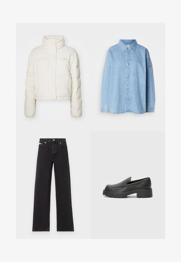 Casaco acolchoado branco com textura canelada, gola alta e mangas longas. Apresenta um fecho com zíper frontal e um pequeno logótipo no peito.; Camisa de ganga azul-claro com botão na frente, colarinho espalhado e mangas longas, apresentando botões de metal e um design de corte descontraído.; Jeans de perna larga pretos feitos de denim, apresentando uma cintura alta, estilo de cinco bolsos e um fecho em botão de metal com costura contrastante.; Mocassins de couro preto com bico arredondado, sola espessa e texturizada, e detalhes de costura minimalistas. Design elegante sem atacadores ou ferragens visíveis.