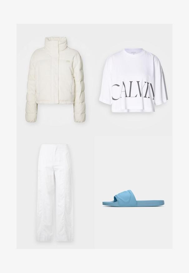 Valge pehme jope ribakujulise tekstuuriga, kõrge kaelusega ja pikkade varrukatega. Ees on lukuga sulgemine ja rinnal väike logo.; Valge lühikeste varrukatega puuvillane lühike t-särk, mille esiküljel on rõhutatud must kiri "CALVIN". Mugav lõige ja vabalt istuv stiil.; Valged laiad püksid, mis on valmistatud kergetest materjalidest, omades siledat tekstuuri, puhtaid jooni ja kõrget vöökohta.; Heledsinine libisemis sandaal, mis on valmistatud sileda kummist, koos reljeefse logoga rihmal ja tasase, tekstuuriga tallaga.