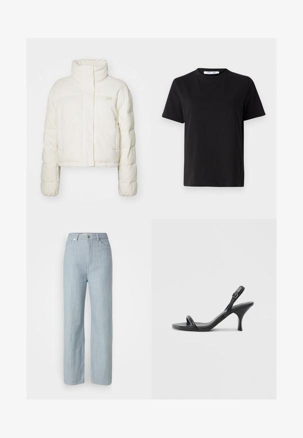 Fehér párnázott dzseki bordás textúrával, magas nyakkal és hosszú ujjakkal. Elöl cipzáros záródással és egy kis logóval a mellen.; Fekete, rövid ujjú póló, puha pamutból készült, kerek nyakkivágással, laza szabással és sima textúrával. Nincs látható minta vagy grafikák.; Világoskék egyenes szárú farmernadrág. Öt zsebbel, fém gombos záródással és finom kopási hatással a textúra érdekében rendelkezik.; Fekete bőrből készült, magassarkú szandál, vékony, ívelt sarokkal és keresztben átkötött pántokkal. Állítható bokapánt. Sima felület.