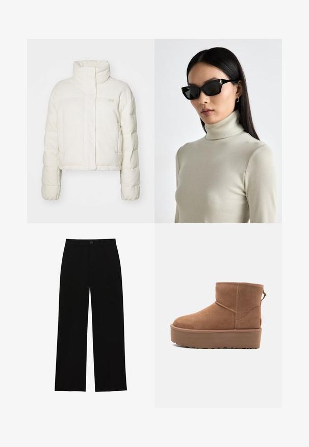 Biela prešívaná bunda s ryhovanou textúrou, vysokým golierom a dlhými rukávmi. Má predný zips a malé logo na hrudi.; Svetlo béžový rebrovaný rolák s dlhým rukávom a priliehavým strihom, s vysokým golierom. Obsahuje decentnú logovú nášivku na leme. Hladká textúra.; Čierne, vysoké, široké nohavice z hladkej látky, s plochým predným dielom, zapínaním na gombík a bez viditeľných vreciek.; Hnedé semišové členkové čižmy s platformou, okrúhlou špičkou a zdobením stehov; majú slučku zozadu pre jednoduché obúvanie.; Čierne obdĺžnikové slnečné okuliare s hrubými rámami, so zlatými hardvérovými akcentmi. Modelka má na sebe svetlobežovú rebrovanú rolákovú blúzku.