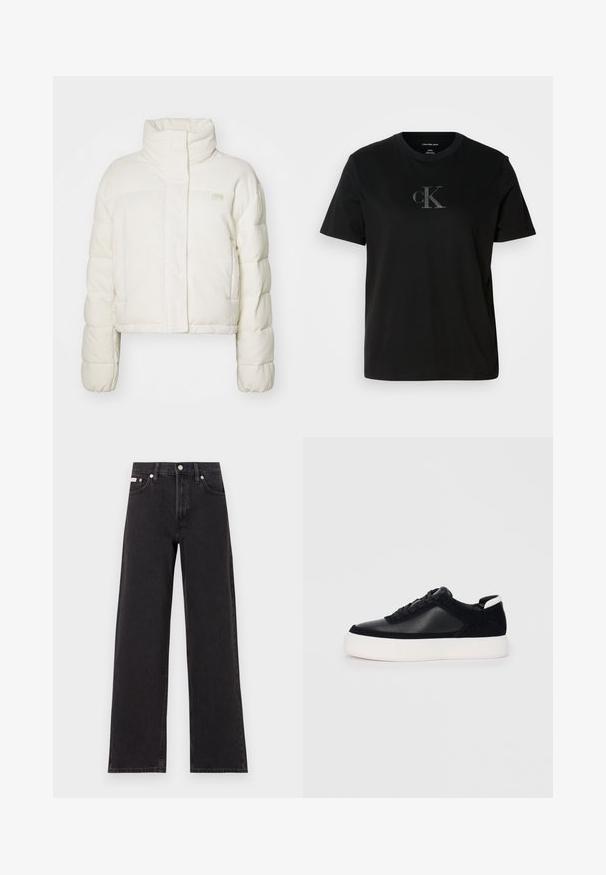 Valge pehme jope ribakujulise tekstuuriga, kõrge kaelusega ja pikkade varrukatega. Ees on lukuga sulgemine ja rinnal väike logo.; Mustad must t-särk lühikeste varrukatega, millel on rinna peal diskreetne hall cK logo. Ümar kaelus ja lõdva istuvusega otse alläär.; Mustad laiad mustad teksad, millel on kõrge vöökoht, viie tasku stiil ja metallist nööpkinnitus kontrastsete õmblustega.; Mustad mustad spordijalanõud siledast nahast ja sametist paneelidega, lame nööriga, ümar varvas ja valge kummist tallaga. Erakordne logo kontsas.
