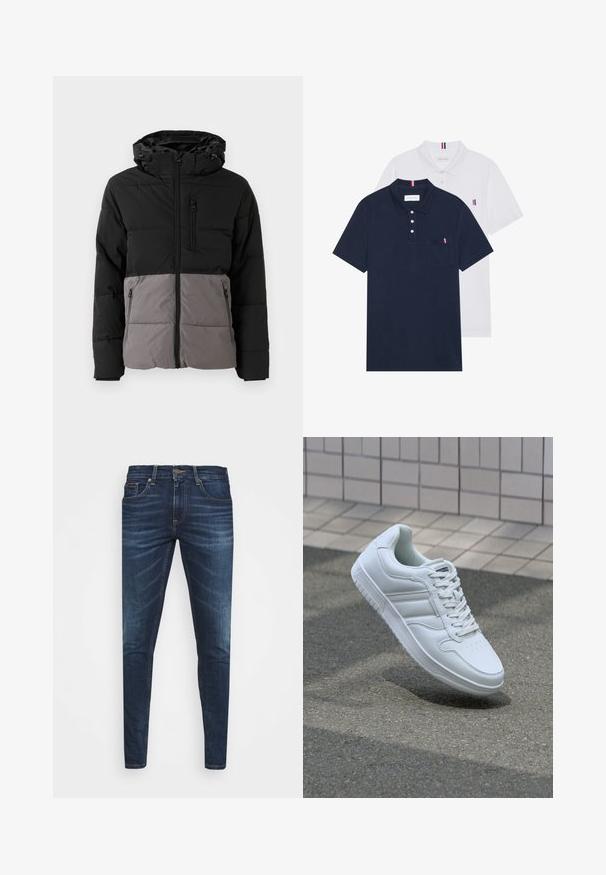 Puffer jacket in black and gray, featuring a zippered front, a hood, two side pockets, and one chest pocket, with quilted texture.; Two polo shirts: one navy blue and one white, both with a small red, white, and blue accent on the chest pocket and collar.; Dark blue denim jeans with a slim fit, subtle fade, five pockets, and a metal button closure. Stitched accents in contrasting color.; White athletic sneaker with smooth leather upper, lace-up front, perforated toe, and patterned sole. Minimalist design with three side stripes.