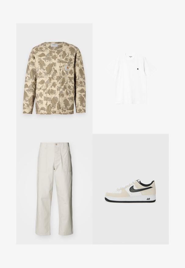Quilted beige jacket with brown and tan camouflage pattern, featuring a snap-button front, a patch pocket, and side pockets.; White cotton t-shirt with short sleeves, round neck, and a small black logo on the left chest. Soft texture and standard fit.; Light beige wide-leg pants made of cotton. Features front pockets and a button closure. Smooth texture with subtle vertical lines.; Sneakers with a light beige suede and white leather upper, black Nike swoosh, black accents, and a white rubber sole featuring "AIR" branding.