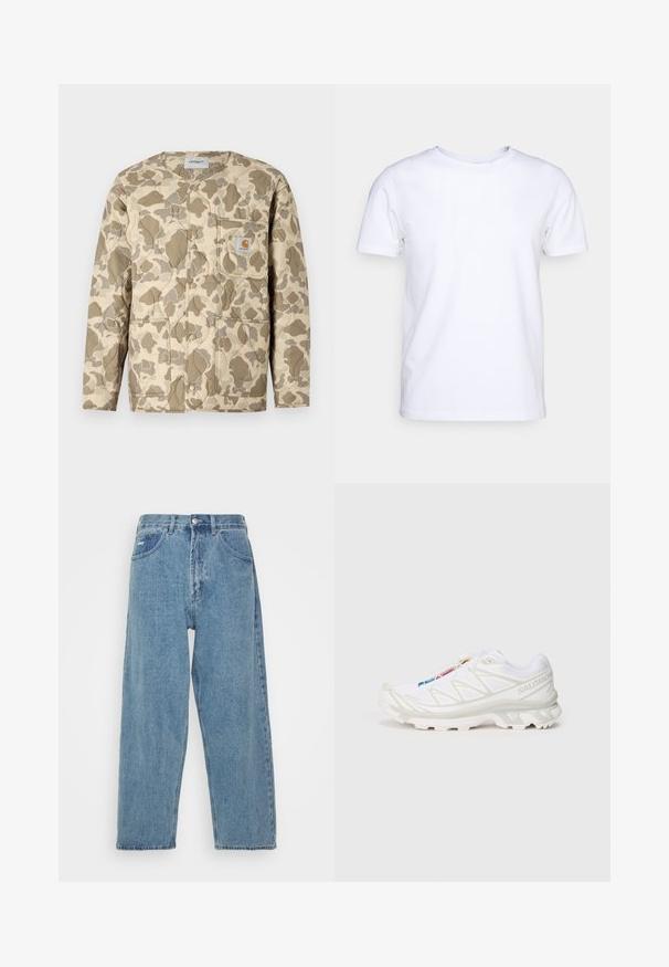 Quilted beige jakke med brun og tan camouflage mønster, der har en trykknapfront, en patchlomme og sidelommer.; Hvid kortærmet t-shirt i bomuldsstof med rund halsudskæring. Enkel design uden mønstre eller detaljer. Glat tekstur.; Lyseblå denim jeans med høj talje og afslappet pasform, der har to forlommer, en baglomme og knaplukning.; Hvid sportssko med tekstureret mesh-overdel, reflekterende detaljer og en polstret sål. Bemærkelsesværdigt mærke-logo på siden.