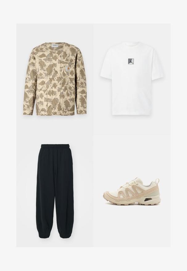 Puhasteni bež jopič s rjavim in peščeno-rjavim kamuflažnim vzorcem, ki ima spredaj zapenjanje na gumbe, žep s patchom in stranskežepe.; Bela bombažna majica z osrednjim črno-sivim logotipom. Klasičen kroj z okrogłym izrezom in kratkimi rokavi ter udobnim fitom.; Črne, elastične hlače za prosti čas z ohlapnim krojem, manšetami na gležnjih, gladko teksturo in brez vidnih vzorcev ali dodatkov.; Bež in krem športni čevlji z teksturiranim mrežastim zgornjim delom, podpornimi prekrivali in gumijastim podplatom z vzorcem za oprijem.