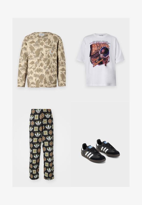 Quilted beige jacket with brown and tan camouflage pattern, featuring a snap-button front, a patch pocket, and side pockets.; White cotton t-shirt with short sleeves featuring a multicolored graphic print of a football helmet and text "1972 WORLD CHAMPS."; Black pants featuring an intricate pattern of various shapes, including floral designs and stripes in orange, green, and white.; Black sneakers with a suede and synthetic upper, featuring three white stripes, textured rubber sole, and blue logo tag on the tongue.