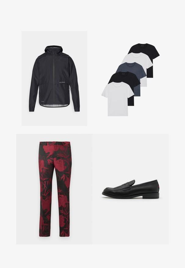 Čierna nepremokavá bunda s kapucňou, plným zipsom vpredu a elastickými manžetami. Obsahuje logo na hrudi a rovný strih v oblasti pása.; Sada piatich tričiek v čiernej, bielej a námorníckej modrej farbe. Bavlnený materiál, krátke rukávy, dizajn s okrúhlym výstrihom a hladká textúra bez vzorov.; Čierne nohavice so kvetinovým vzorom v hlbokej červenej farbe, s hladkou textúrou a upraveným strihom. Štandardný pás a rovný strih nohavíc.; Čierne kožené loafers s hladkým povrchom, zaoblenou špičkou a malým dekoratívnym klapom. Vlastnosti zahŕňajú nízky vrstvený podpätok a decentný branding.