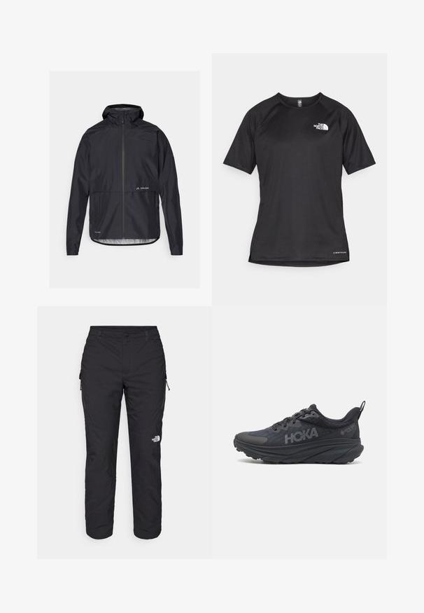 Black waterproof jacket with a hood, full zip front, and elastic cuffs. Features a logo on the chest and a straight cut at the waist.; Black short-sleeve athletic shirt with a textured fabric, featuring a white logo on the left chest and a straight hem.; The North Face WINTER EXPLORATION TAPERED CARGO - Outdoor trousers - black; Black Hoka running shoe featuring a mesh upper, textured details, and a thick, cushioned sole with tapered edges for enhanced support.