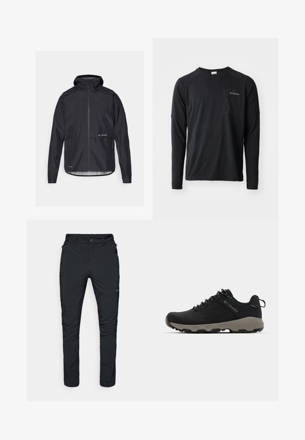 Crna vodootporna jakna s kapuljačom, cjelovitim patentnim zatvaračem sprijeda i elastičnim manžetama. Ima logo na prsima i ravni kroj u struku.; Columbia COLUMBIA TECH™ LONG SLEEVE CREW - Top dugih rukava - black; Crne vanjske hlače ravnog kroja, s džepovima na zip, petljama za remen i laganom, izdržljivom teksturom tkanine.; Crne planinarske cipele s glatkim gornjim dijelom, perforiranim dizajnom, sivoj potplati i ojačanim petom. Sadrže vezice i petlju za lakše oblačenje.