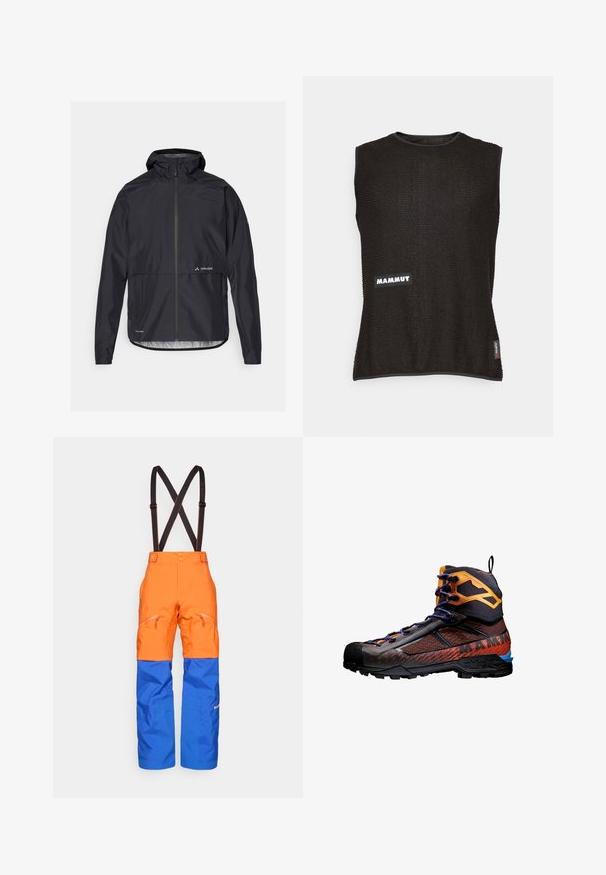 Giacca nera impermeabile con cappuccio, chiusura frontale a zip completa e polsini elasticizzati. Presenta un logo sul petto e una linea dritta in vita.; Top senza maniche di colore nero realizzato in materiale texturizzato, con un logo "Mammut" bianco e una piccola etichetta rossa sul lato, scollatura rotonda.; Pantaloni impermeabili arancioni e blu con bretelle regolabili nere, tasche anteriori con zip e pannelli rinforzati sulle ginocchia per attività all'aperto.; Scarponcino da trekking nero e arancione con materiali in rete e gomma. Presenta accenti blu, motivi testurizzati e un design alto alla caviglia per supporto.