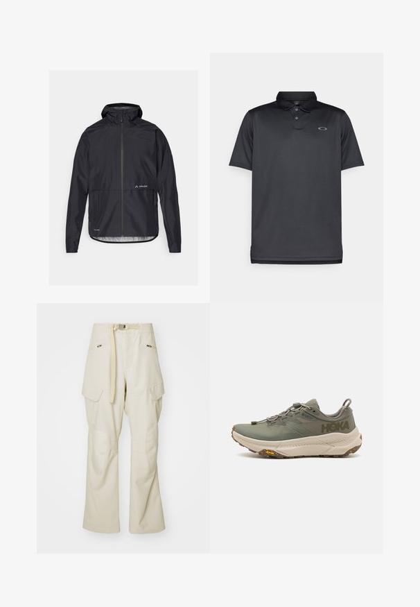 Čierna nepremokavá bunda s kapucňou, plným zipsom vpredu a elastickými manžetami. Obsahuje logo na hrudi a rovný strih v oblasti pása.; Čierna polo košeľa vyrobená z hladkej látky, s golierom, tromi gombíkmi, krátkymi rukávmi a malým šedým logom na ľavej hrudi.; Béžové cargo nohavice so širokým strihom, opaskom v páse, dvomi bočnými vreckami a náprsenkovými vankúšmi na kolenách. Hladká textúra so zosilnenými švami.; Zelené bežecké topánky Hoka s Gore-Tex vrchnou vrstvou, textúrovanými akcentmi, elastickými šnúrkami a hrubou béžovou podrážkou so značkou Vibram.