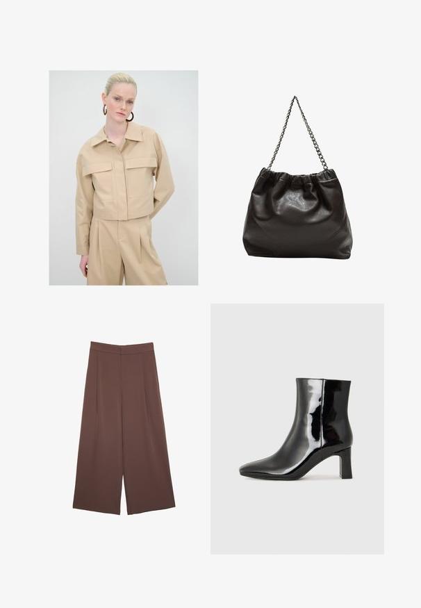 Béžová zkrácená bunda s límcem, dvěma předními kapsami a dlouhými rukávy. Hladká textura s minimalistickým designem.; Hnědý bavlněný tričko s krátkými rukávy a hlubokým V-výstřihem. Jednoduchý design, měkká textura a rovný lem. Žádné vzory ani akcenty.; Hnědé široké kalhoty s hladkou texturou, vysokým pasem a předními záhyby. Materiál je lehký a volně splývá.; Černé lakované kotníkové boty s špičatou špičkou a středně vysokým blokovým podpatkem. Hladká textura a minimalistický design.; Hnědá kožená taška se sbíraným vrškem a řetízkovým popruhem. Hladký povrch s lesklým finišem a jemným švem na bocích.