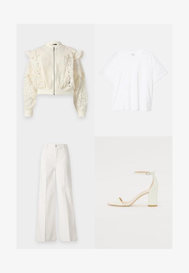 The Kooples BLOUSON - Giacca leggera - off white; T-shirt bianco in cotone con maniche corte, scollo rotondo, vestibilità comoda e orlo cucito. Etichetta visibile all'interno del colletto.; Pantaloni bianchi a gamba larga realizzati in cotone con una texture liscia. Presentano un bottone anteriore, una zip e un design a quattro tasche.; Sandal con tacco cubano bianco in pelle, caratterizzata da una cinghia alla caviglia con fibbia e design minimalista. Punta aperta e texture liscia in tutto il sandalo.