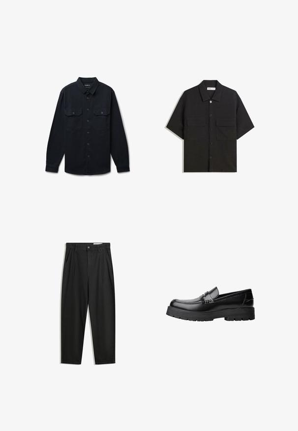 Camicia nera a maniche lunghe con bottoni realizzata in tessuto testurizzato; presenta un colletto, due tasche frontali e chiusura con bottoni.; Camicetta nera a maniche corte realizzata in tessuto con una trama liscia, presenta due tasche frontali, un colletto classico e chiusura con bottoni.; Pantaloni in cotone neri con una vestibilità rilassata, dotati di una vita classica, pieghe frontali e tasche laterali. Tessuto liscio senza fantasie.; Mocassino in pelle nera con suola spessa e tassellata e fascia decorativa sulla parte superiore, mostrato in profilo sinistro su sfondo bianco.
