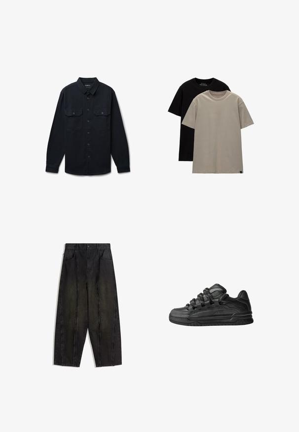 Schwarze Langarm-Hemd mit Knopfleiste aus strukturiertem Stoff; verfügt über einen Kragen, zwei vordere Taschen und eine Knopfverschluss.; Set aus zwei T-Shirts; eines schwarz, eines hellbeige. Reguläre Passform mit Rundhalsausschnitten, aus weichem Baumwollstoff. Einfaches Design, keine Muster.; Schwarze weit geschnittene Jeanshose mit sichtbaren Nähten und fransigen Kanten, ausgestattet mit zwei vorderen Taschen und einem hoch geschnittenen Design.; Schwarze Sneakers mit einem glatten Leder-Obermaterial, strukturierten Akzenten und runden schwarz-weißen Schnürsenkeln. Dicke Gummisohle mit einem gemusterten Profil.