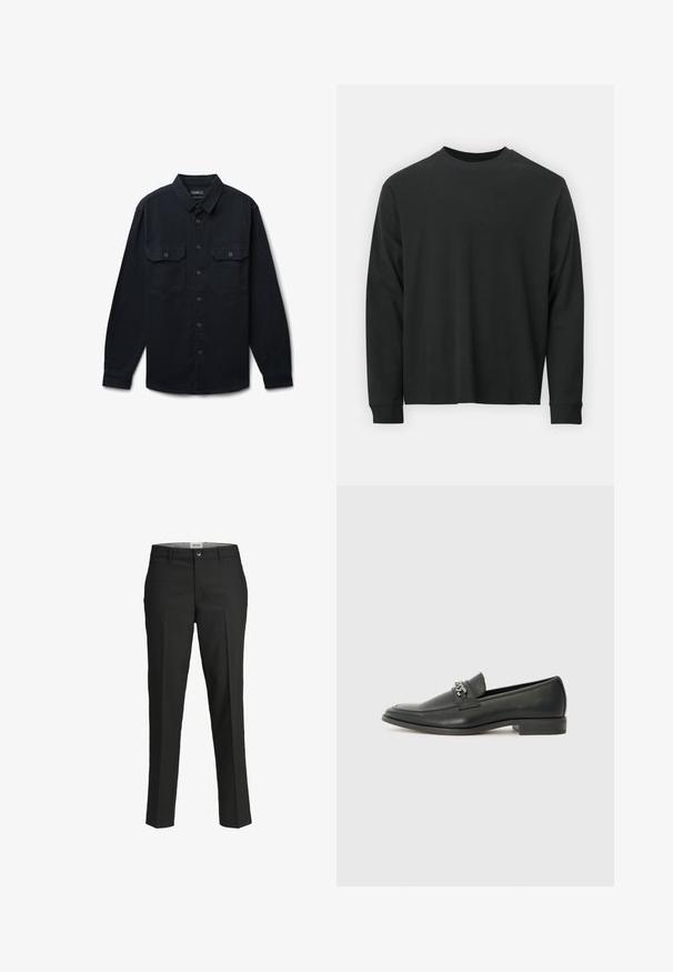 Schwarze Langarm-Hemd mit Knopfleiste aus strukturiertem Stoff; verfügt über einen Kragen, zwei vordere Taschen und eine Knopfverschluss.; Langärmliges schwarzes T-Shirt aus Baumwolle, mit Rundhalsausschnitt, lockerer Passform und gerippten Bündchen. Weiche Textur ohne sichtbare Muster.; Schwarze Hosen, taillierte Passform, glattes Material, mittelhoher Bund, vorderer Knopfverschluss, schräge Taschen und Bügelfalten entlang der Beine.; Schwarzer Lederloafer mit glatter Oberfläche, ausgestattet mit einer gesteppten Gestaltung und einem dekorativen Metallkettendetail über dem Vorderblatt. Flacher Absatz.