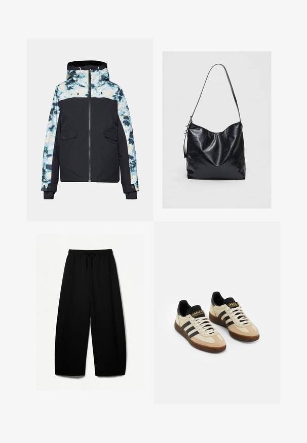 Schwarze und batikgemusterte isolierte Jacke mit Reißverschluss, Kapuze und zwei Fronttaschen. Verfügt über farblich abgesetzte Akzente und verstellbare Kordeln.; Helle beige, kurz geschnittene Sweater, aus weichem Strickstoff, mit weitem Ausschnitt, überschnittenen Schultern sowie gerippten Bündchen und Saum.; Schwarze weit geschnittene Hosen mit elastischem Bund und Kordelzug. Weicher Stoff mit glatter Textur. Gerader Schnitt mit Seitennähten.; Beige Wildleder-Sportschuhe mit schwarzen Lederakzenten, weißen Schnürsenkeln und brauner Gummisohle. Drei schwarze Streifen auf jeder Seite.; Schwarze Leder-Schultertasche mit einer weichen, strukturierten Oberfläche. Sie hat ein geschwungenes Design und einen einzelnen verstellbaren Tragegurt. Kein zusätzliches Zubehör.
