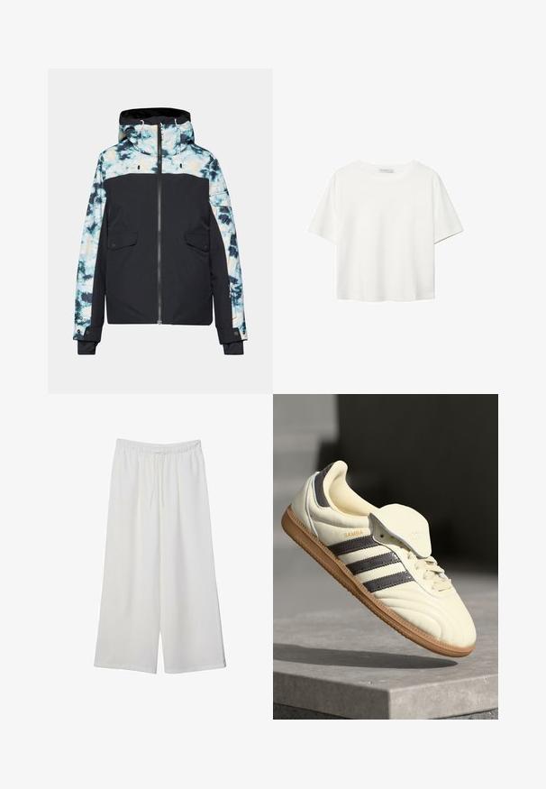 Schwarze und batikgemusterte isolierte Jacke mit Reißverschluss, Kapuze und zwei Fronttaschen. Verfügt über farblich abgesetzte Akzente und verstellbare Kordeln.; Weißes T-Shirt mit kurzen Ärmeln aus Baumwolle. Hat einen Rundhalsausschnitt und eine lockere Passform. Glatte Textur ohne sichtbare Muster oder Akzente.; Weiße, weit geschnittene Hosen aus leichtem Stoff, mit einem elastischen Bund und einem Zugband für eine verstellbare Passform. Glatte Textur.; Cremfarbene Ledersneaker mit drei dunklen Streifen, einer braunen Gummisohle und einer abgerundeten Zehenpartie. Hat eine faltbare Zunge, die mit "SAMBA" beschriftet ist.