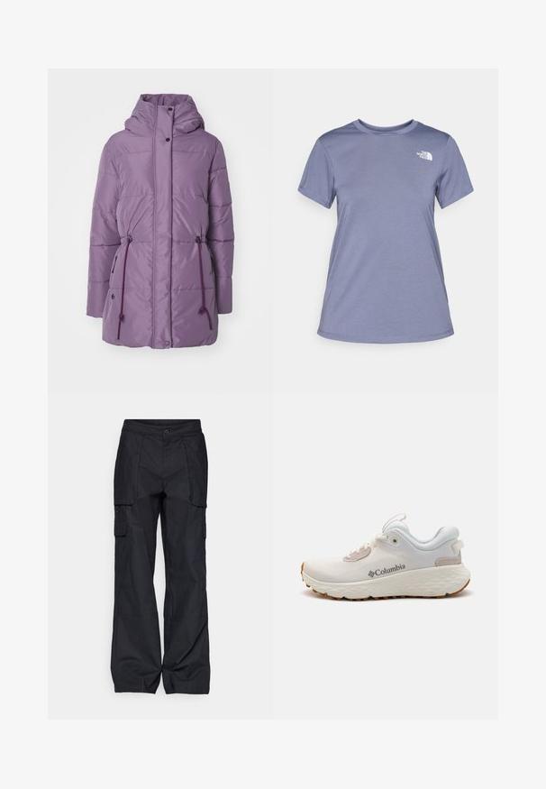 Vaatimustakki vaalean violetissa värissä, jossa on huppu, kiristettävä vyötärö, napit ja sivutaskut. Sujuva pinta ja moderni muotoilu.; Vaaleansininen lyhythihainen t-paita pehmeästä kankaasta, jossa on pyöreä pääntie ja pieni valkoinen logo vasemmassa rinnassa.; Columbia BREA FALLS™ COTTON RIPSTOP PANT - Ulkohousut - black; Kevyt Columbia urheilukenkä valkoisesta verkkokudoksesta, jossa on teksturoitu harmaa pohja ja kuminen pito. Varustettu pehmustetulla nilkkaremmillä ja nauhakiinnityksellä.