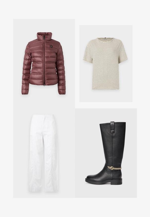 Pufasta, ljubičasta jakna s visokim ovratnikom, zatvaranjem na patentni zatvarač i horizontalno kviltanim dijelovima. Ima mali logotip na lijevoj strani prsnog koša.; Prugasta majica s kratkim rukavima u krem boji s crnim horizontalnim prugama. Ima okrugli izrez i opušteni kroj. Izrađena je od mekog materijala.; Bijele široke hlače od laganog materijala, s glatkom teksturom, čistim linijama i visokim strukom.; Crne kožne čizme do koljena s teksturiranom završnom obradom, s dekorativnim zlatnim lancem i ravnim gumenenim potplatom.