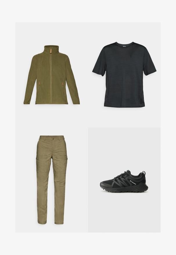 Kerge oliiviroheline fliiskindad kõrge kraega, täisfrontaalne lukuga ja kahe külgtaskuga, millel on nahast tõmblukk ja kontrastne õmblus.; Musthave musta lühikeste varrukatega sportlik särk, mis on valmistatud kergest, niiskust eemaldavast kangast. Omab ümmargust kaelaauk ja väikest logo rinnal.; Khiidis cargo püksid, mis on valmistatud vastupidavast kangast; omaduste hulka kuuluvad laiad küljetaskud, nööbiga sulgur, tugevad õmblused ja sirge jalarida.; Columbia PEAKFREAK - Matkajalatsid - black