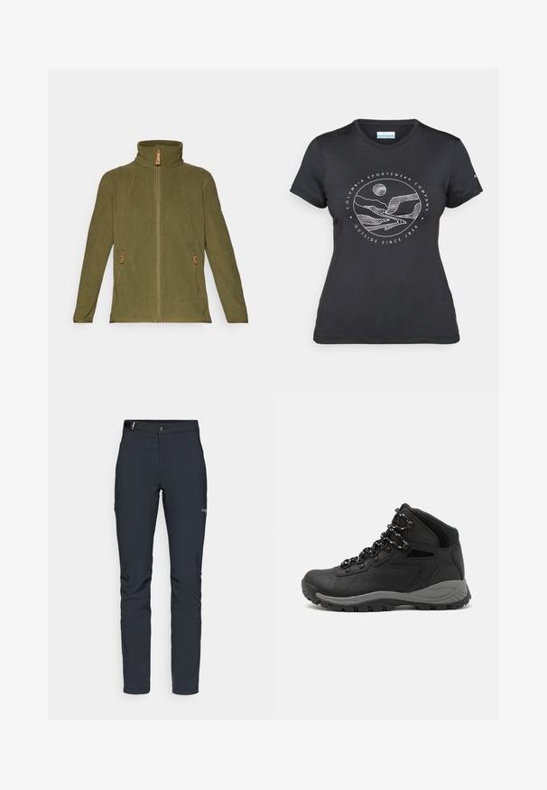 Jachetă din fleece verde măslin cu guler înalt, fermoar pe întreaga față și două buzunare laterale cu mânere din piele și cusături contrastante.; Tricou negru Columbia cu artă liniară albă circulară reprezentând munți și un râu, împreună cu textul "Columbia Sportswear Company Afară din 1938."; Pantaloni de exterior pentru bărbați, gri închis, fabricați dintr-un material flexibil, cu un brâu, buzunare cu fermoar și cusături consolidate.; Botă de drumeție neagră cu un design mediu, având un material texturat, accente gri și o talpă din cauciuc durabilă cu crampoane pentru aderență.