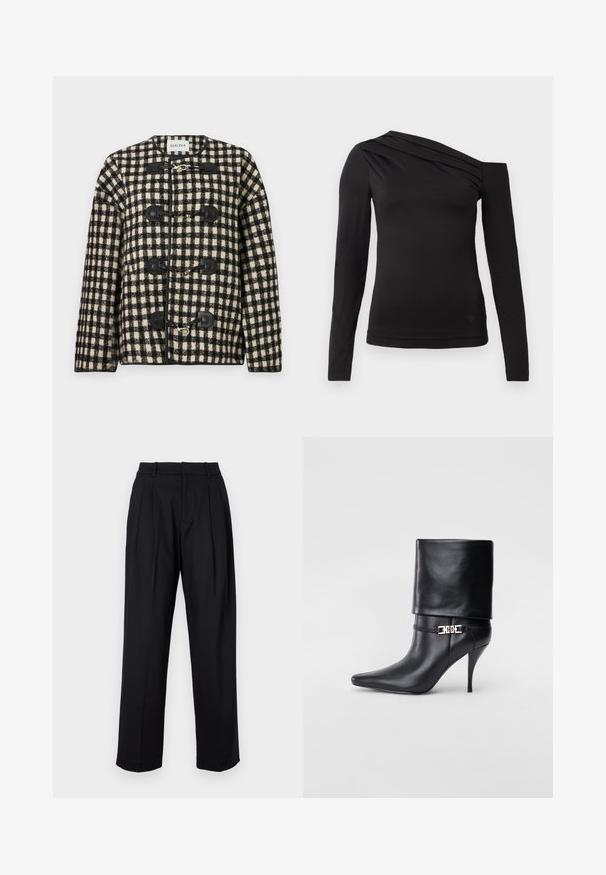 Fekete-fehér kockás zakó, texturált anyagból készült, fekete gombokkal és kerek nyakkal. Alternatív bézs háttér.; Fekete, hosszú ujjú felső aszimmetrikus nyakkivágással, amelyen az egyik váll szabadon van, és finom redők futnak a mellkason.; Fekete nadrág, testre szabott kialakítással, magas derékkal, redőkkel és egyenes lábakkal. Simító anyagból készült, egyszínű.; Fekete bőr bokacsizma hegyes orral, magas stiletto sarokkal, hajtott szegéllyel és arany díszcsattal a bokán.