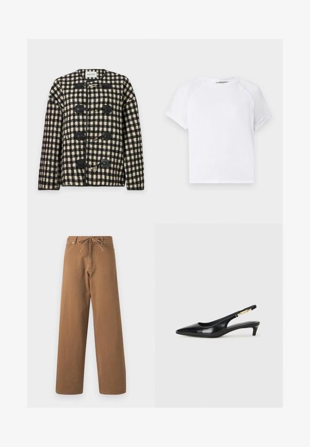 Juodai-baltas langeliais raštuotas švarkas, pagamintas iš tekstūrinio audinio, su juodais kabliuko užsegimais ir apvaliu iškirpimu. Alternatyvi smėlinė fono spalva.; Balta medvilninė marškinėliai su apvaliu kaklu, trumpomis raglaninėmis rankovėmis ir laisvu siluetu. Lygus audinys be matomų raštų ar akcentų.; Rudos plačios kojos kelnės, pagamintos iš medvilnės, su raišteliu liemenyje ir dviem priekinėmis kišenėmis. Tekstūruota medžiaga su lygia apdaila.; Juodas odinis pavasario batelių modelis su smailiu nosiu, turintis siaurą kulniuką ir auksinės spalvos akcentu reguliuojamoje juostoje. Lygi tekstūra.