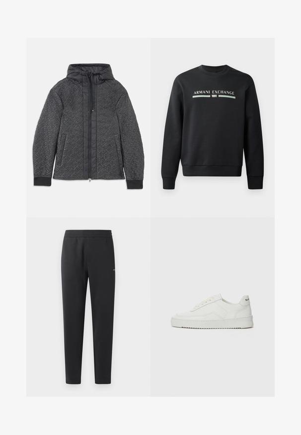 Töltött fekete pufi dzseki kapucnival, cipzáras záródással, oldalsó zsebekkel és textúrázott mintával az anyagon. Puha, könnyű anyag.; Fekete pulóver, puha anyagból készült. Kerek nyakú, hosszú ujja van. Az elülső részén "ARMANI EXCHANGE" és "1991" felirat látható eltérő színben.; Fekete sportnadrág puha anyagból, rugalmas derékpánttal, egyenes szárakkal és egy kis logó részlettel az oldalán.; Fehér bőr sportcipő sima felülettel, kerek orral, lapos fűzőkkel és texturált talppal. Finom logó található a sarokon.