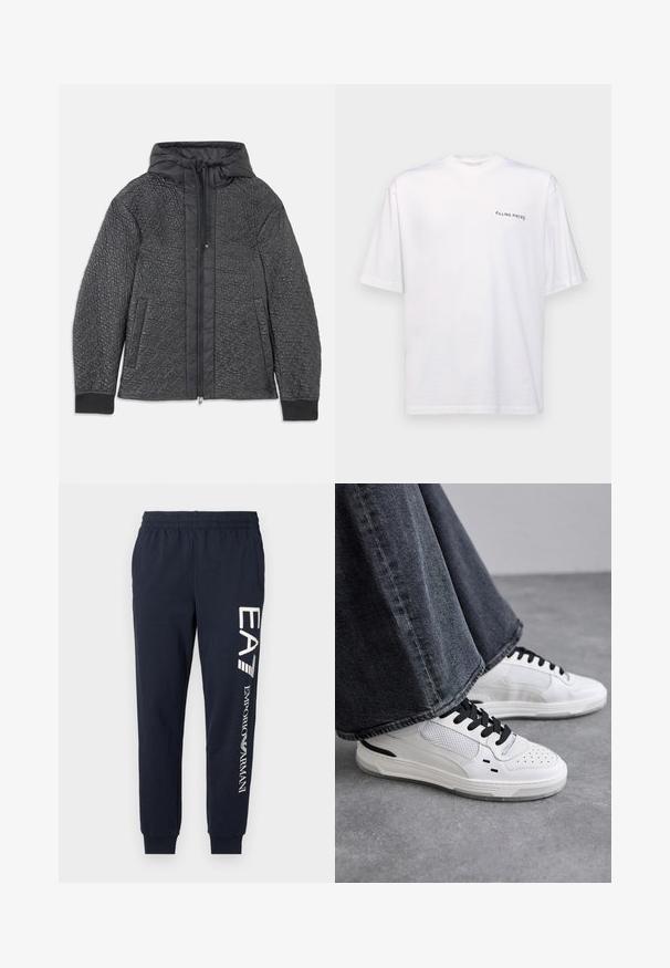 Quiltet svart boblejakke med hette, med glidelås, sidelommer, og teksturert mønster på stoffet. Mykt, lett materiale.; Hvit kortermet t-skjorte i bomull med v-hals, med en svart "FILLING PIECES" logo trykt på venstre side.; Mørkeblå bomullsjoggere med elastisk midje, smalnende bein og kontrasterende hvite EA7- og Emporio Armani-logoer trykt langs siden.; Hvite sneakers med svarte lisser og mesh-detaljer. Har en glatt læroverdel og en teksturert gummisåle. Kombinert med vide gråjeans.