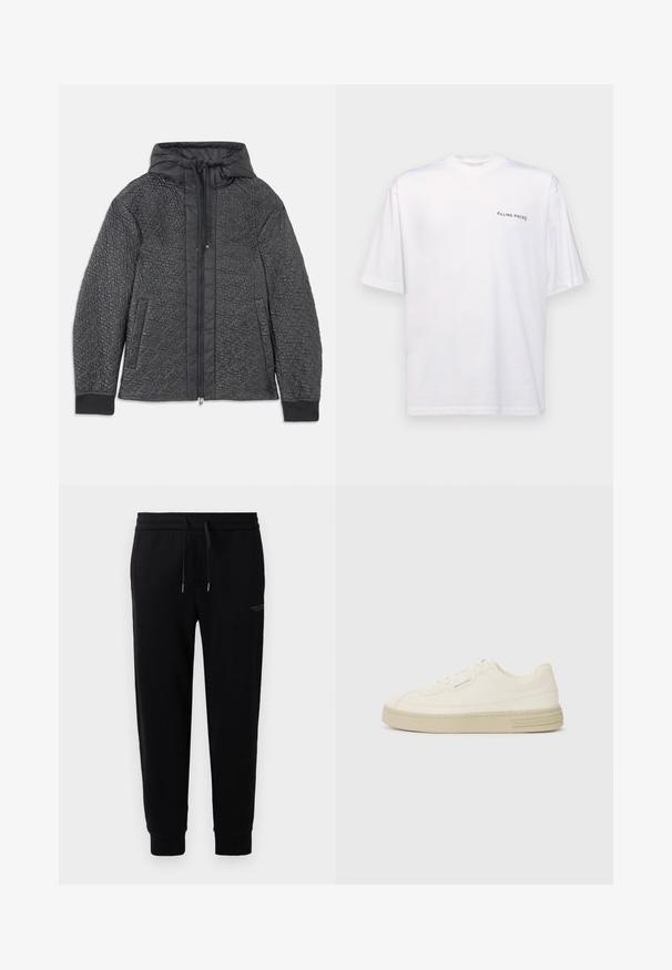 Quilted black puffer jacket with a hood, featuring zipper closure, side pockets, and textured pattern on the fabric. Soft, lightweight material.; White short-sleeve t-shirt in cotton with a v-neck, featuring a black "FILLING PIECES" logo printed on the left side.; Black jogger pants made of cotton blend, featuring an elastic waistband with drawstring, cuffed ankles, and a subtle logo print on the side.; White canvas sneakers with a textured rubber sole, featuring a stitched toe cap and logo accent on the heel. Simple lace-up design.