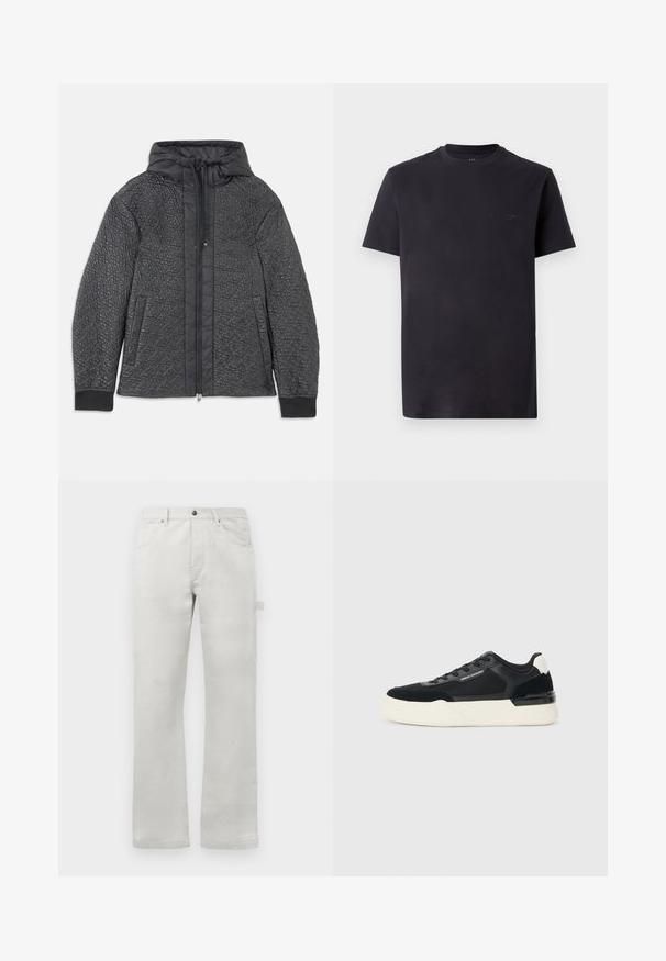 Prešita črna puffer jakna s kapuco, ki ima zadrgo, stranske žepe in teksturiran vzorec na tkanini. Mehko, lahko gradivo.; Črna bombažna majica s kratkimi rokavi in krožnim izrezom, z embosiranim logotipom na prsih. Gladka tekstura, sproščen kroj.; Svetlo sivi hlače s ravnim krojem, izdelane iz gladkega bombažnega materiala, s sprednjimi žepi in stranskim žepom za tovor.; Črne superge iz mrežastega materiala in usnja, z debelim belim podplatom in kontrastnimi poudarki. Pertle in detajl logotipa ob strani.