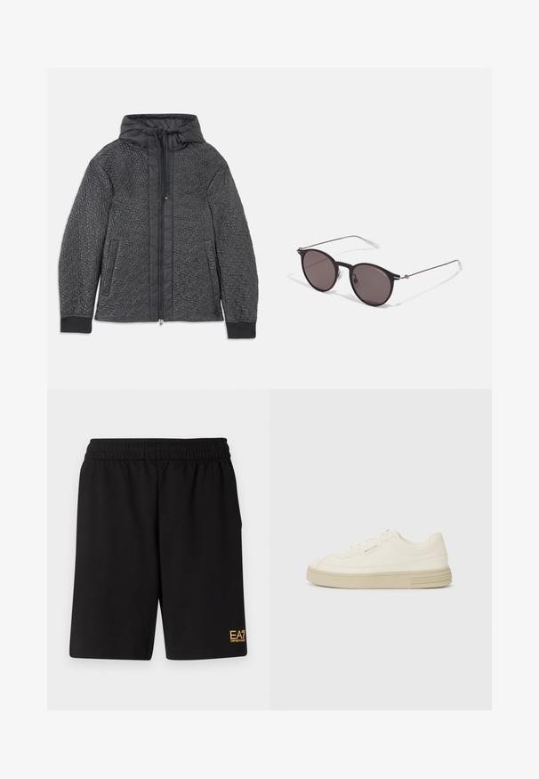 Juodasis pūkinis švarkas su kapuce, su užtrauktuku, šoninėmis kišenėmis ir tekstūriniu raštu ant medžiagos. Minkšta, lengva medžiaga.; Juodas medvilninis marškinėliai su apvaliu iškirpu, trumpomis rankovėmis ir baltu "EMPORIO ARMANI" logotipu virš "Milano" kreivame dizaino.; Juoda sportinė šortai, pagaminti iš minkštos medžiagos, su elastingu diržu ir maža geltona EA7 logo apatinėje kairėje kojoje.; Baltos drobės sportbačiai su tekstūruota guma padais, turintys siuvinėtą pirštų apsaugą ir logotipo akcentą ant kulno. Paprastas rišamas dizainas.; Juodos apvalios saulės akinių su tamsiais lęšiais ir plonomis metalinėmis šakomis. Įtraukti skaidrūs šventyklų galai ir sidabriniai akcentai vyrio srityje. Minimalistinis dizainas.