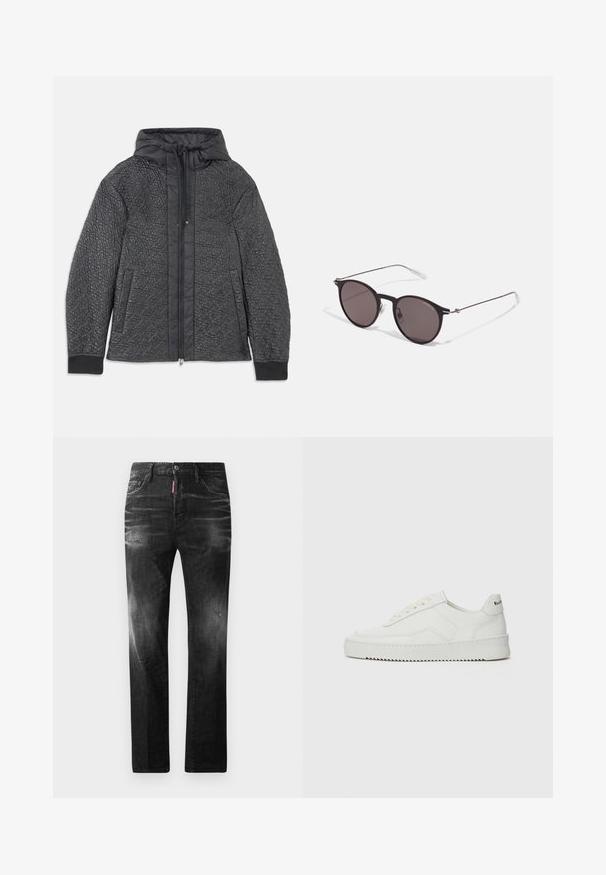 Quilted black puffer jacket with a hood, featuring zipper closure, side pockets, and textured pattern on the fabric. Soft, lightweight material.; Black cotton T-shirt featuring a round neckline, short sleeves, and "EMPORIO ARMANI" logo in white above "Milano" in a curved design.; Black denim jeans with a straight fit. Features faded areas, minor distressing, classic five-pocket design, and a button closure.; White leather sneaker with a smooth finish, round toe, flat laces, and a textured sole. Features a subtle logo on the heel.; Black round sunglasses with dark lenses and slim metal arms. Includes clear temple tips and silver accents at the hinge. Minimalist design.