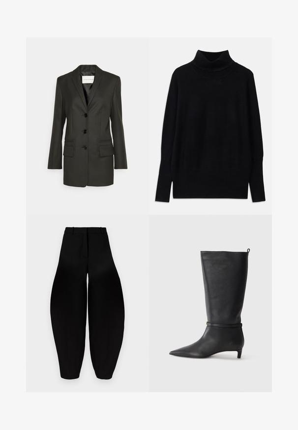 Crni sako od odijela s jednim redom dugmadi, oštrim reverima, dvije prednje džepove i suptilnim šavovima na džepovima. Glatka tekstura.; Crni pulover s visokim ovratnikom izrađen od mekog materijala, s rebrastim detaljima na ovratniku i manžetama, s opuštenim krojem i bočnim prorezima.; Crne široke hlače s visokim strukom, naboranim prednjim dijelom i suženim gležnjevima. Izrađene su od glatkog materijala s mat završnom obradom.; Crne kožne čizme visine do koljena s izduženim prstima, ukrašene okruglom trakom oko gležnja i niskom, suženom petom. Glatka tekstura.