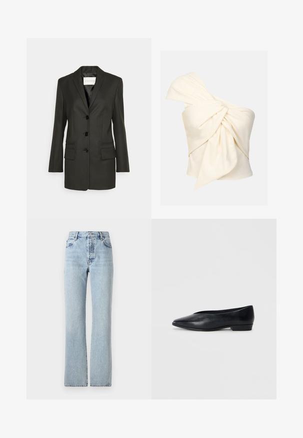 Juodas pritaikytas švarkas su viena mygtukų eile, aštriais atlapais, dviem priekinių kišenių ir subtiliomis siuvimo detalėmis kišenėse. Sklandus paviršius.; Kreminė viena petneša palaidinė, pagaminta iš lygaus audinio, su dideliu suktuku priekyje ir kūnui priglundančiu siluetu.; Šviesiai mėlynos džinsinės kelnės su aukštu liemeniu, tiesiomis kojomis, klasikiniu penkių kišenių dizainu ir subtiliu nusidėvėjimu visame paviršiuje.; Juodas odinis plokščias batelis su smailiu kojų pirštu, šiek tiek pakelta kulna ir lygiu paviršiumi. Paprastas dizainas be matomų detalių ar raštų.