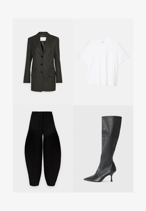 Black tailored blazer with a single row of buttons, sharp lapels, two front pockets, and subtle stitching details on pockets. Smooth texture.; White cotton t-shirt with short sleeves, round neckline, relaxed fit, and stitched hem. Label visible on the inside neck.; Black wide-leg trousers with a high waist, pleated front, and tapered ankles. Made from smooth fabric with a matte finish.; Knee-high black leather boots with a pointed toe and a slim stiletto heel. Smooth texture with a fitted design and stitching at the top edge.