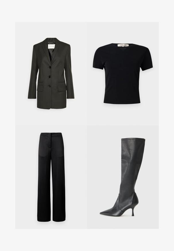 Sacou negru, croit pe măsură, cu o singură linie de nasturi, rever ascuțit, două buzunare frontale și detalii de cusătură subtile pe buzunare. Textură netedă.; Tricou negru, cu mânecă scurtă, de tip V, confecționat dintr-un material neted și elastic. Prezintă o siluetă simplă, clasică, fără embellishments.; Pantaloni negri cu croială largă, cu o suprafață texturată, având un tiv plat și două buzunare laterale. Țesătura pare ușoară și fluidă.; Botine din piele neagră, până la genunchi, cu vârf ascuțit și toc subțire stiletto. Textură netedă, cu un design ajustat și cusături la marginea superioară.