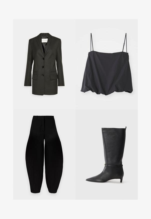 Čierny prispôsobený blejzer s jedným radom gombíkov, ostrými klopami, dvoma prednými vreckami a jemnými stehmi na vreckách. Hladká štruktúra.; Čierny bezrukávový top s tenkými ramienkami, voľný strih a nariasený lem. Vyrobený z ľahkého materiálu s hladkou textúrou.; Čierne široké nohavice s vysokým pásom, skladaným predným dielom a užšími členkami. Vyrobené z hladkej látky s matným povrchom.; Čierne kožené vysoké čižmy po kolená s špicatou špičkou, s okrúhlym remienkom okolo členku a nízkym, zúženým podpätkom. Hladký povrch.