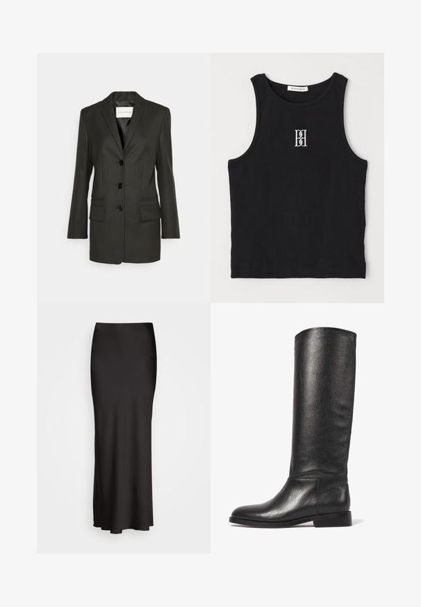 Melna pielāgota žakete ar vienu pogu rindu, izteiksmīgām atlokām, divām priekšējām kabatām un smalkiem šuvuma elementiem uz kabatām. Gluda tekstūra.; Melna ribota tanka ikdienas krekla augšdaļa ar apaļu izgriezumu un balto izšūto logo. Audumam ir gluda tekstūra un pieguļoša forma.; Melna, grīdas garuma satīna svārki ar gludu tekstūru, pieguļošu jostasvīru un A formas siluetu, bez redzamām rotājumiem vai rakstiem.; Ceļgala melna ādas zābaks ar teksturētu apdari, noapaļota purngala, gluda kāja un zems kaudze papēdis. Minimālistisks dizains, nav redzamu piederumu.