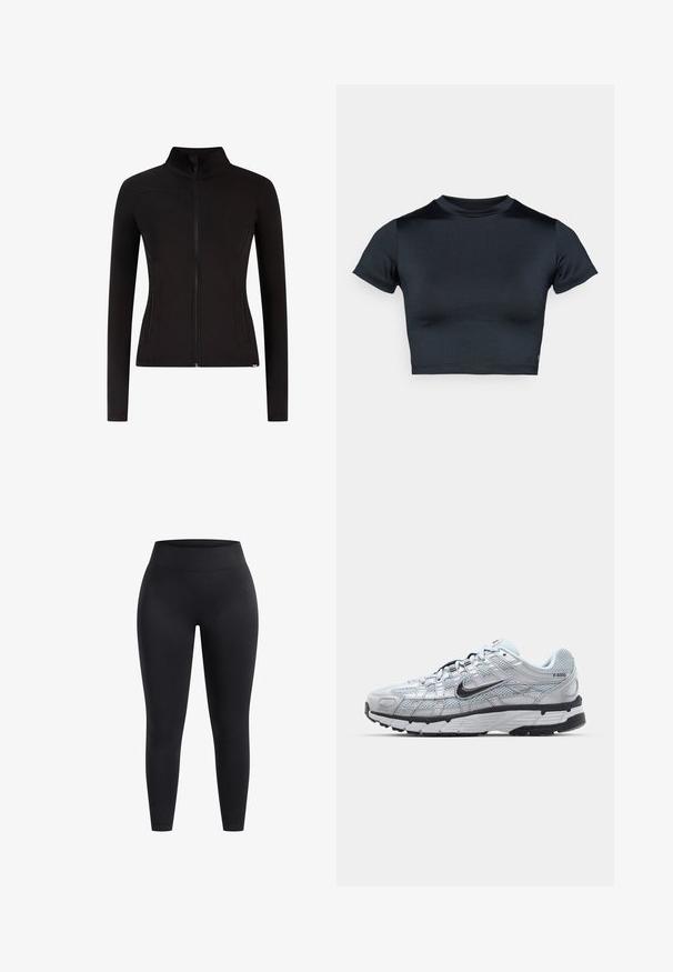 Schwarze Reißverschlussjacke aus dehnbarem Material. Mit hohem Kragen, zwei Seitentaschen und enganliegenden langen Ärmeln. Glatte Textur.; Kurzärmeliges, bauchfreies Top in Dunkelblau, hergestellt aus glattem, elastischem Stoff. Verfügt über einen runden Ausschnitt und minimale Nahtdetails. Keine sichtbaren Logos.; Hochbundige schwarze Leggings aus dehnbarem Stoff mit glatter Oberfläche und knöchellanger Passform. Keine Muster oder sichtbaren Hardwaredetails.; Nike P-6000 Sneakers mit einem Obermaterial aus leichtem grauem Mesh, schwarzen Akzenten und einer langlebigen schwarzen Gummisohle. Verfügt über ein komplexes Design und ein Schnürsystem.