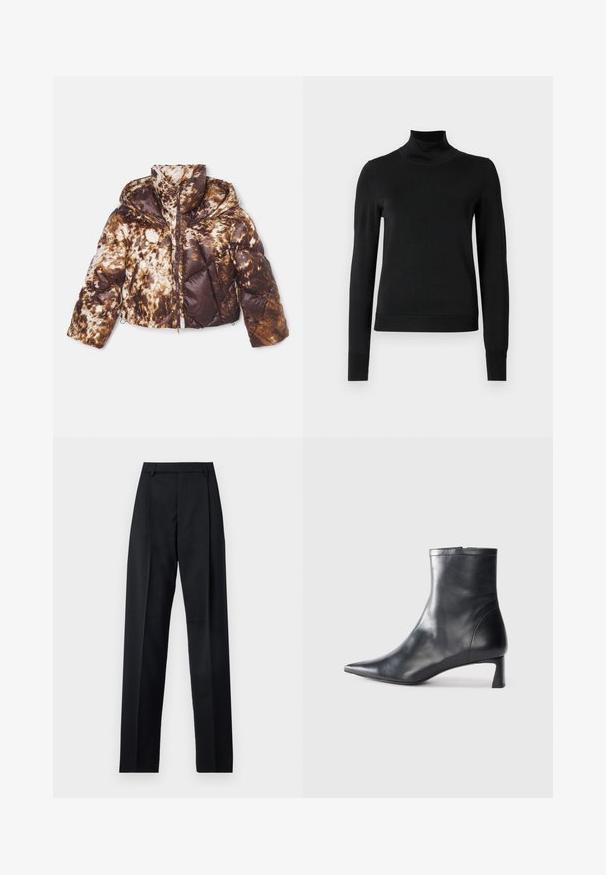 Puffatakki ruskeassa ja kerma-valkoisessa tie-dye-kuvioinnissa, jossa on vetoketjusuljenta, irrotettava huppu ja vinosaumattu muotoilu sivutaskuilla.; Musta pitkähihaisen pooloneuleen, jossa on ribbikuvioiset hihansuut ja helma, esitetty yksinkertaisella valkoisella taustalla.; Musta housut, jotka on valmistettu sileästä kankaasta ja joissa on korkea vyötärö, leveät lahkeet, etukaarteet ja klassiset vyölenkit. Ei näkyviä sivutaskuja.; Musta nahkainen nilkkabotti, jossa on teräväkärkinen muotoilu ja tyylikäs design. Varusteena matala korko ja takana vetoketjukiinnitys. Sileä pinta.