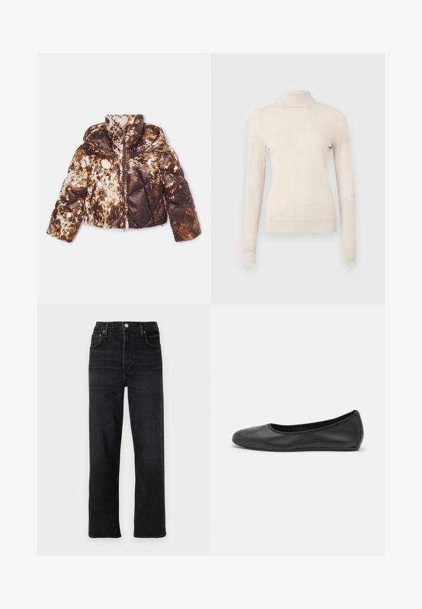 Puffer jacket in brown and cream tie-dye pattern, featuring a zip front, removable hood, and diagonal quilted design with side pockets.; Light beige turtleneck sweater made of a soft knit fabric, featuring long sleeves and a delicate ruffled neckline detail.; Black straight-leg jeans made of denim. Features five pockets, a button and zipper closure, and subtle stitching details.; Black leather ballet flat with a rounded toe, smooth texture, minimal stitching detail, and a flexible sole design.